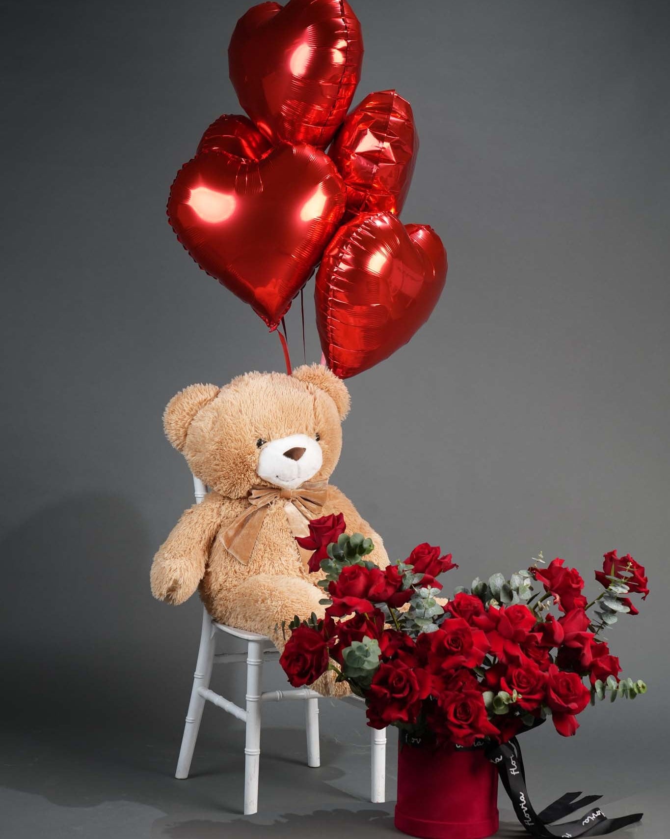 Brown Teddy Bear with Red Rose Flower Basket & Heart Balloon